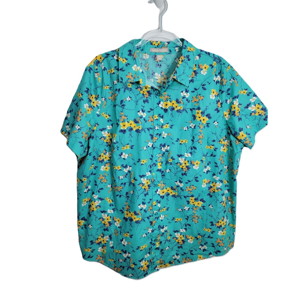 Woman Within 18/20 Cotton Short Sleeve Button Down Shirt Teal Green Floral